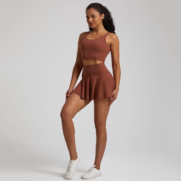 High Quality Nylon Spandex High Waist 2 Piece Bra And Skirt Tennis Wear Set With Inside Shorts - Image 7