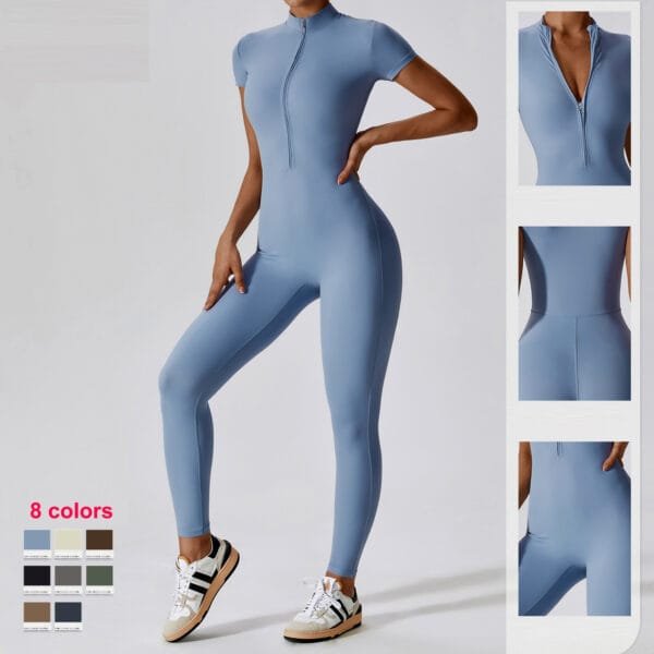 Nude Feeling Short Sleeve Half Zipper Long Yoga Gym Sports Jumpsuit