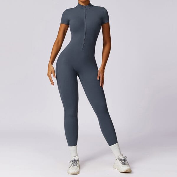 Nude Feeling Short Sleeve Half Zipper Long Yoga Gym Sports Jumpsuit - Image 8