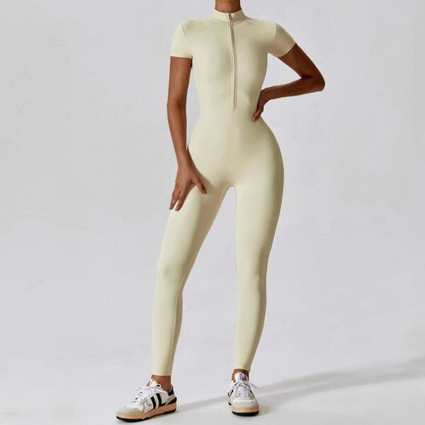 Nude Feeling Short Sleeve Half Zipper Long Yoga Gym Sports Jumpsuit - Image 3
