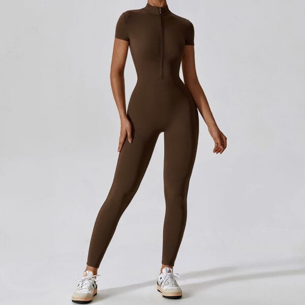 Nude Feeling Short Sleeve Half Zipper Long Yoga Gym Sports Jumpsuit - Image 4